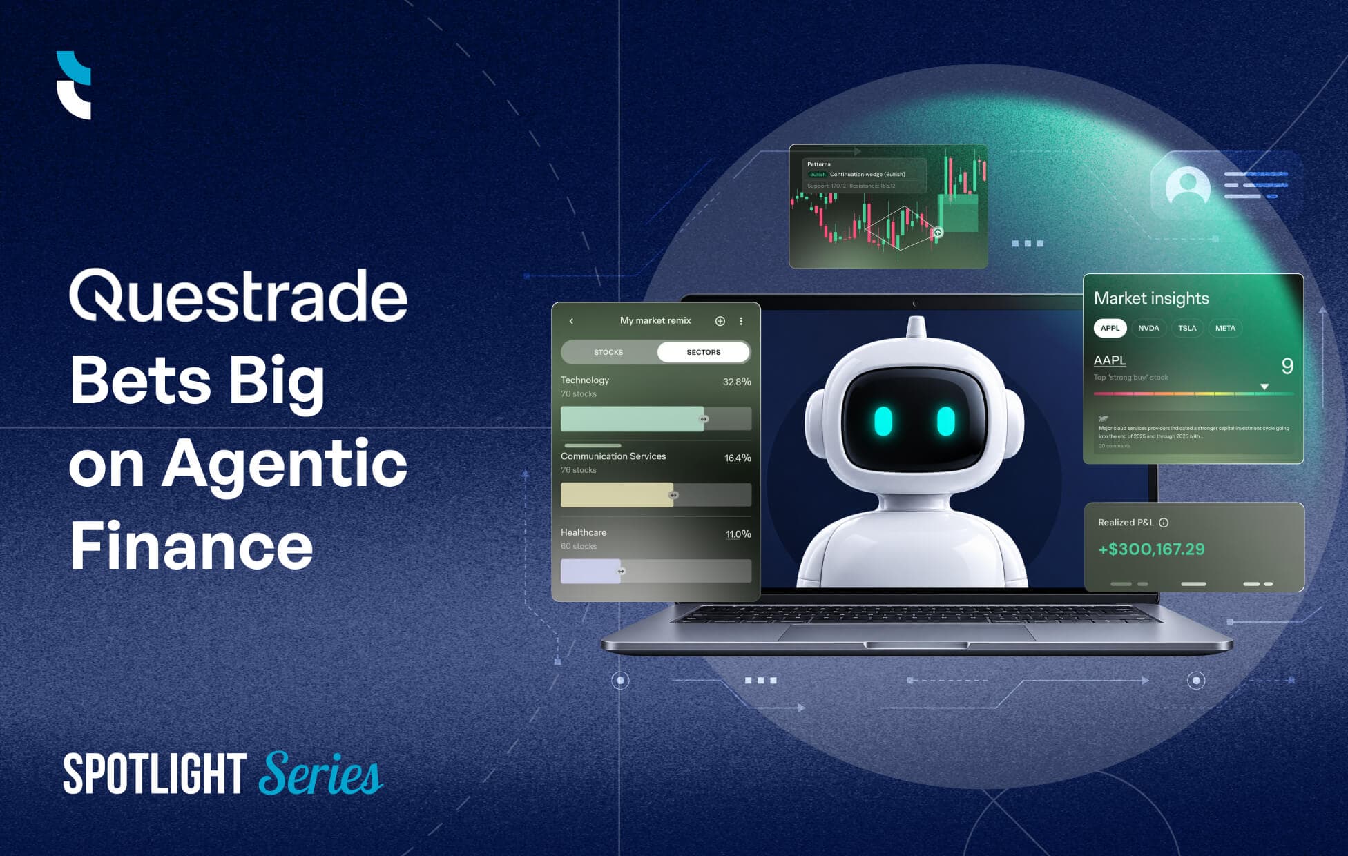 Illustration of AI-powered finance with market insights, portfolio data and trading analysis