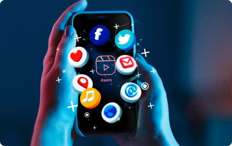 The following image consists of a woman holding a mobile phone with logos of Meta, messages, music and more.